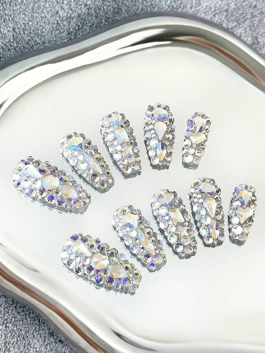 Uñas en forma de ataúd para el Día de San Valentín Y2K hechas a mano con puntas transparentes, rhinestones multicolor y diseños 3D brillantes de cobertura total - Uñas artificiales de glitter de cobertura completa DIY, uñas postizas para fiestas, exteriores, playa, diario, vacaciones, reuniones, trabajo y eventos especiales - 10 piezas/bolsa de suministros para uñas - Multicolor - Ver 1