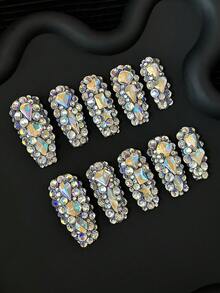 Uñas en forma de ataúd para el Día de San Valentín Y2K hechas a mano con puntas transparentes, rhinestones multicolor y diseños 3D brillantes de cobertura total - Uñas artificiales de glitter de cobertura completa DIY, uñas postizas para fiestas, exteriores, playa, diario, vacaciones, reuniones, trabajo y eventos especiales - 10 piezas/bolsa de suministros para uñas - Multicolor - Ver 2