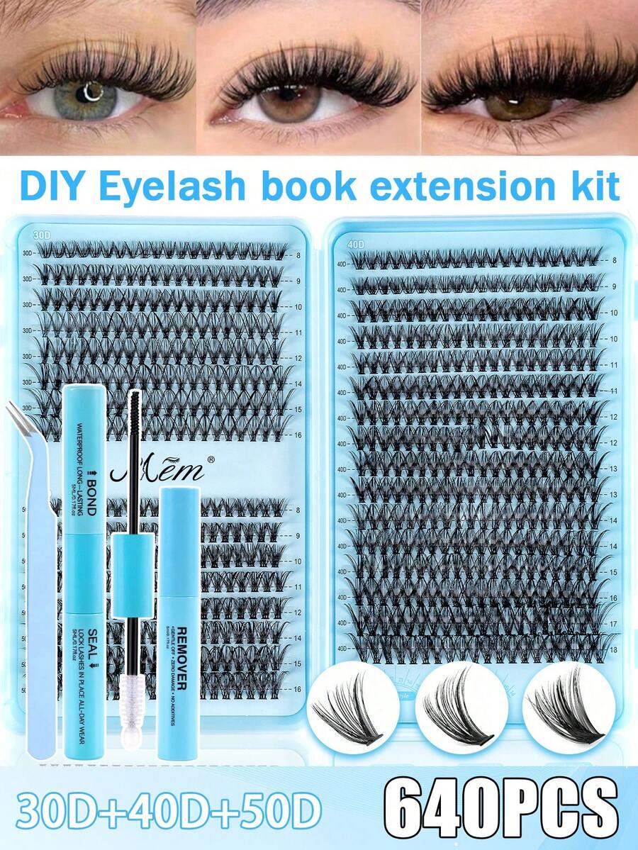 MEM 640pcs Cluster False Eyelashes, Thick Curly Eyelash Extension Kit, D-Curl 8-16mm Mixed Length, DIY Eyelash Extension Set, DIY Lower Lash Extension Tutorial, Fluffy Soft Individual Lashes, Create Voluminous Natural Y2K Butterfly Makeup, Easy DIY Long-Lasting Eyelash Glue, DIY Makeup Remover, DIY Eyelash Tweezers, Eyelashes, False Eyelashes - màu đen - Xem 1