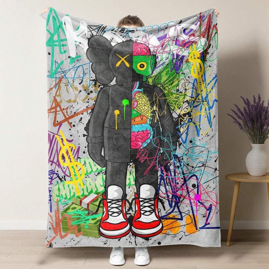 XX Eyes Cartoon Figurine Street Graffiti Pattern Blanket, Culture Hip-Hop Style Blanket,Soft Warm Nap Blanket For Home Office Travel Camping - 豐富多彩的 - 查看 1