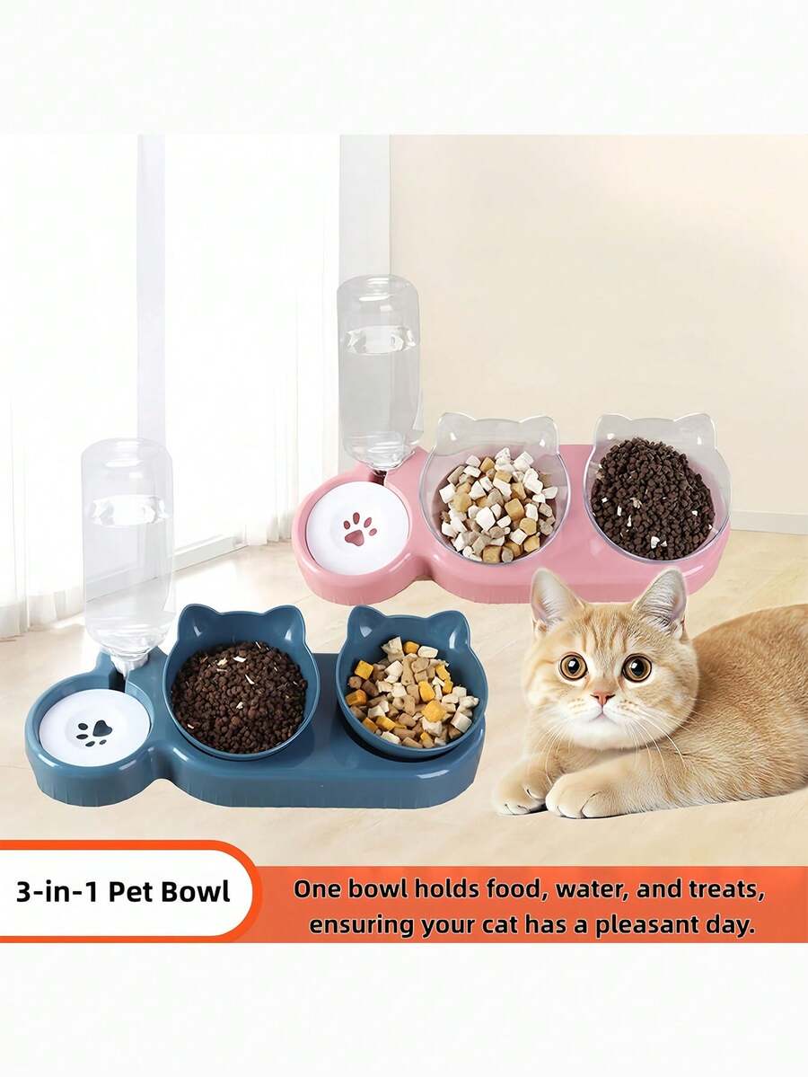 2-In-1 Cat Food And Water Bowl Set, Dry And Wet Separated, Durable Plastic Material, Pet Feeding And Drinking Station, Easy To Clean, Suitable For Various Pets To Supplement Water And Healthy Diet. - 500ml - View 1