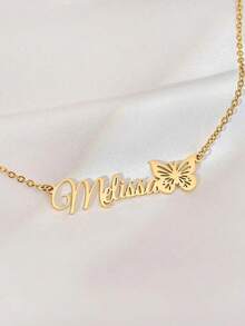Collar personalizado con nombre en inglés, letra y número de 12 meses con mariposa hueca, cadena de acero inoxidable, colgante de joyería personalizada, regalo para novias, de moda, casual, lindo, sencillo, retro - Multicolor - Ver 9