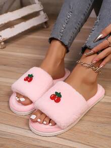 Sandal Rumah Wanita Terbaru dengan Motif Cherry Lucu, Bordir Plush, dan Ujung Terbuka, Sandal Lantai Dalam Ruangan yang Nyaman untuk Semua Musim - Berwarna merah muda - View 6