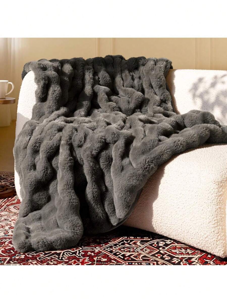 Ultra Soft Cozy Faux Fur Throw Blanket-Fuzzy Plush Thick Bubble Blanket, Fluffy Blanket For Couch, Sofa, Bedroom, And Living Room, 50x60 Inches, Dark Grey Taupe,40008322 - 深灰色 - 查看 1