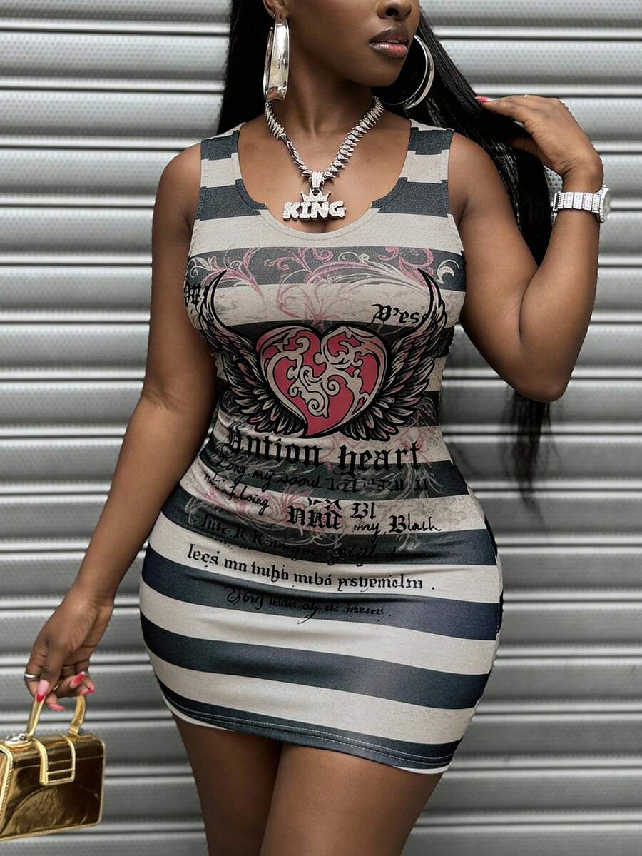 Women's Sleeveless Striped Casual Dress, Street Style, Heart Wing Print, Spring/Summer - Multicolor - View 1