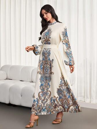 This Elegant Floral-Patterned Maxi Dress-Featuring Flared Sleeves And A Cinched Waist-Is Perfect For Everyday Wear, Parties, Tea Parties, And New Year's Celebrations.