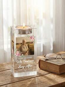1pc Personalized Photo Crystal Candlestick, Customizable With Photos And Text. Your Own Photo Is Engraved On The Crystal Surface.