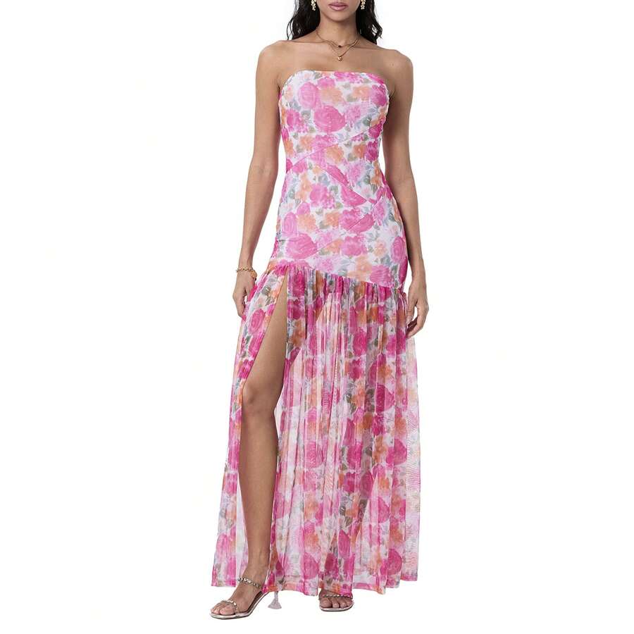 Women's Tube Top Dress Slim Strapless Backless Mesh Patchwork Tropical Leopard Print High Slit Long Dress for Party Club Night - Rosa - Ver 1