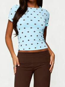 Women's Polka Dot Short Sleeve Crop Top Fitted Casual T-Shirt For Daily Wear  Weekend Outings - 藍色 - 查看 2