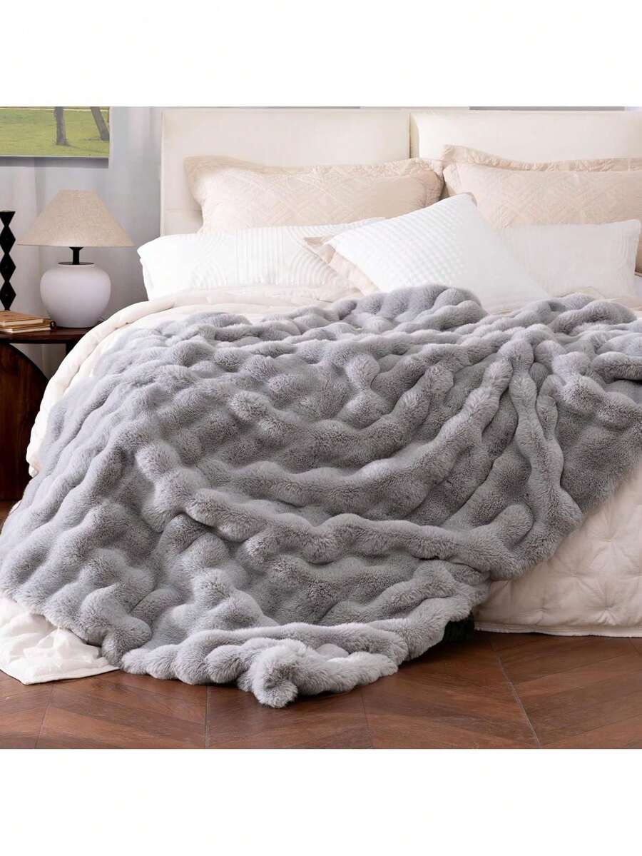 Ultra Soft Cozy Faux Fur Throw Blanket, Fuzzy Plush Thick Bubble Blanket, Oversize Luxury Fluffy Blanket For Couch, Bed, And Living Room, 60x80 Inches, Light Grey,40008326 - 淺灰色 - 查看 1