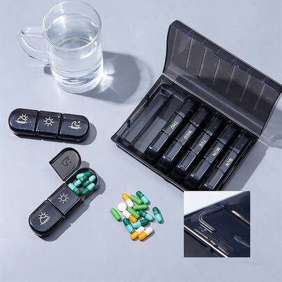 7 天药盒 - 每日两次（早晚），单侧大开口方便取用，黑色隐私保护药盒，适合存放药品、维生素、鱼油、补充剂等。