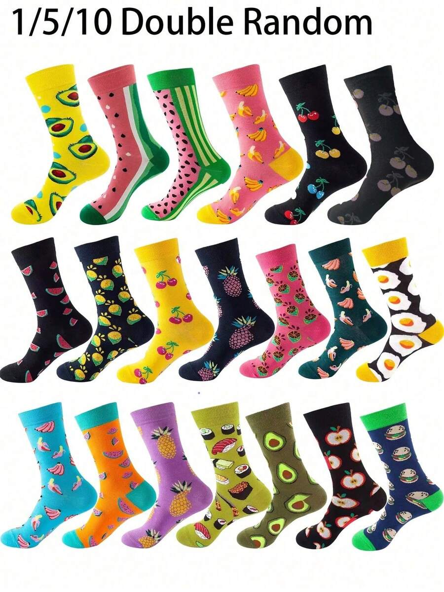 1/5/10 Pairs Fashionable & Unique Fruit Pattern Socks For Women, Suitable For Various Occasions, Casual & Street Style, Great Gift For Home Wear, Mid-Calf Socks, Autumn/Winter - Multicolor - View 1
