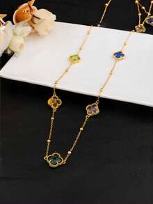 3pcs Lucky Clover Necklace & Earrings Set 24k Gold Plated, Elegant Long Chain Jewelr  Set For Women - Nhiều màu - Xem 5