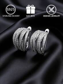1pc 925 Sterling Silver Women Multi-Layer Interwoven Cubic Zirconia Hoop Earrings, Sparkling Personalized Earrings, Gift Box, Suitable For Daily Wear And Festivals - Silver - View 8