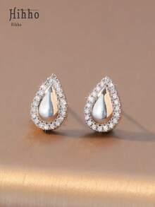 一对闪亮立方氧化锆水滴形耳钉，优雅创意，时尚女士耳环，适合日常佩戴 - 水滴耳釘 - 查看 4