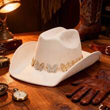 Sombreros de vaquera estilo western para hombre y mujer, modernos, con ala enrollable y diseño de mariposa, para viajes al aire  fiestas. - Blanco marfil - Ver 1