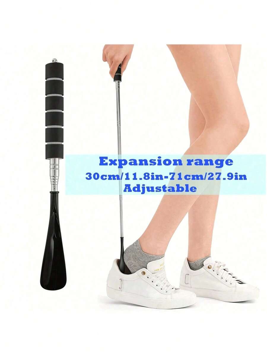 1pc Ergonomic Shoe Puller, Adjustable 11.8-27.9in, Portable Stainless Steel Shoe Helper, Easy-To-Use Footwear Aid For Elderly & Disabled, Fashionable Home Shoe Assistance Tool - màu đen - Xem 1