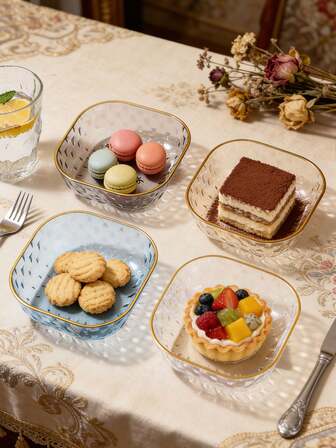4 piezas de platos cuadrados con borde dorado, bandejas de plástico para aperitivos, postres, frutas, accesorios de cocina, artículos esenciales para el comedor