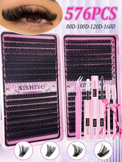 640/576pcs 4in1 Fake Lashes With Bond And Seal, Tweezers, Mascara Wands, Diy Different Eyes Makeup Beauty, Beginner Friendly Fake Eyelshes Extensions And Adhere Glue, Eyelash Brush Kit, Fluffy Thick Enlarge Your Eyes, Easy To Use, Portable Segmented Lashes Clusters, Large Capacity Eyelahes Book Suit For Creat Daily/Manga/Cospaly/Classic/Cat Eyes/Fox Eyes/Soft Girl/Light/Heavy Eyes Makeup,