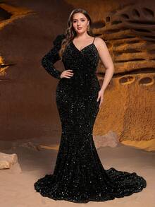 Faeriesty 大码女士优雅美人鱼单肩晚礼服 - 采用不对称领口设计，亮片装饰的修身胸衣，以及凸显身材的美人鱼裙摆 - 完美适用于正式晚宴、新年庆祝活动、婚礼招待会、颁奖典礼和节日派对 - 黑色 - 查看 3