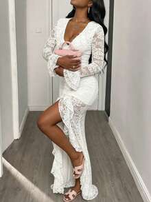 Vestido largo con volantes de encaje blanco para mujer, corte entallado con abertura alta, vestido formal adecuado para fiestas elegantes y noches de citas románticas. - Blanco - Ver 3