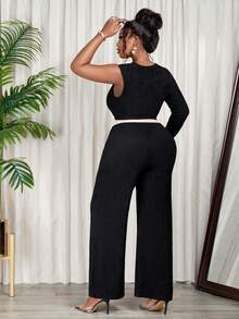 黑色大号单肩长袖针织上衣+阔腿裤两件套，适合女士春秋季气质穿搭，显瘦显瘦，撞色腰带设计，时尚百搭。 - 黑色 - 查看 2