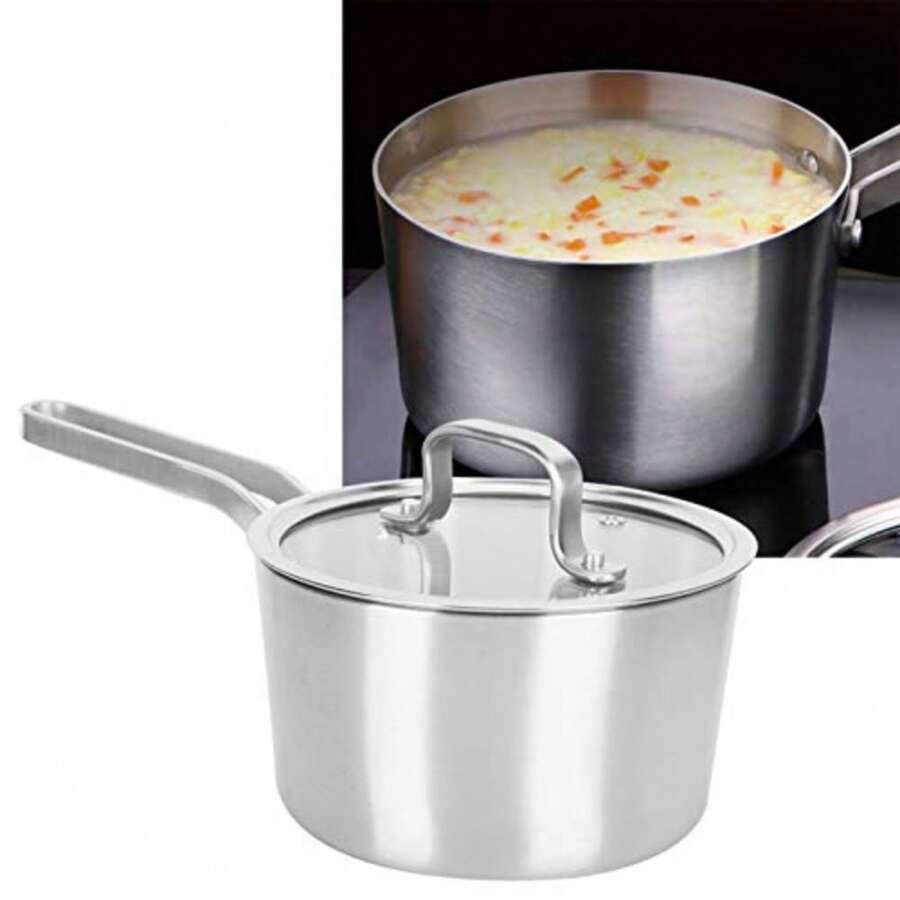 CYPNOlla de Acero inoxidable con Tapa 1.5 L Pequeña Olla con Tapa de Vidrio Cacerola de Tres Capas con Mango Resistente al Calor apto para Todas las CocinasFashion - Plateado - Ver 1