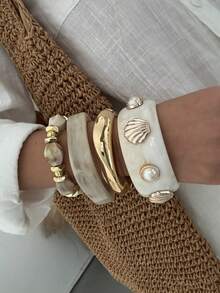 1pc Asymmetrical Wide Acrylic Alloy Marble White Bracelet, Suitable For Women's Daily Commute, Gathering With Friends, Romantic Festivals, Street Snapshots, Fashion Shows (The Texture And Color Of The Bracelet May Differ From The Actual Product) - Multicolor - View 6