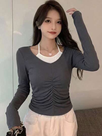 女士性感拼接褶皱修身长袖T恤，秋季款