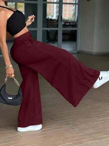Fashionable Solid Color Casual Loose Wide-Leg Pants For Women, Elegant And Minimalist - 酒紅色 - 查看 6