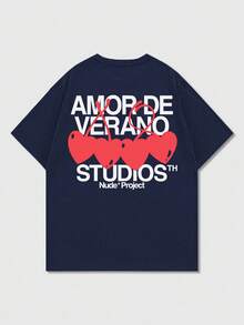 Fractyr 男士夏季时尚简约创意爱心樱桃英文元素印花圆领短袖T恤 | 基础街头休闲装，男友礼物 - 藏蓝色 - 查看 8