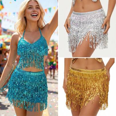 1pc Sequin Fringe Skirt Women Sexy Belly Skirts Adjustable Waist Straps Hip Scarf Wrap Skirt Carnival Rave Dance Performance Costume., Bohemian, Retro Style, Suitable For Festivals, Parties, Nightclubs, Beach Wear, Exotic Clothing Decoration