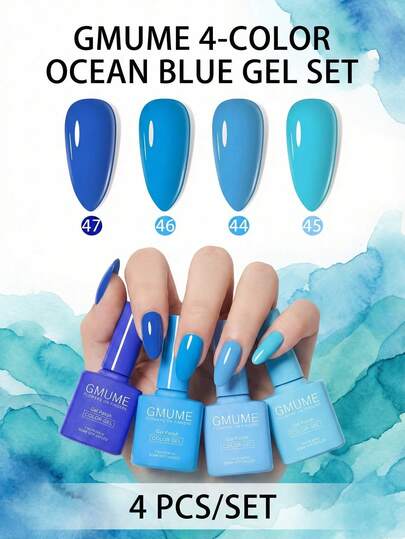 4Pcs/Set 7.5ml Ocean Blue Gel Nail Polish Kit Sky Blue Royal Blue Cyan Colors For Summer Beach Holiday Winter Ice Queen Nail Art DIY Soak Off Gel Lacquer Cool Tone Varnish