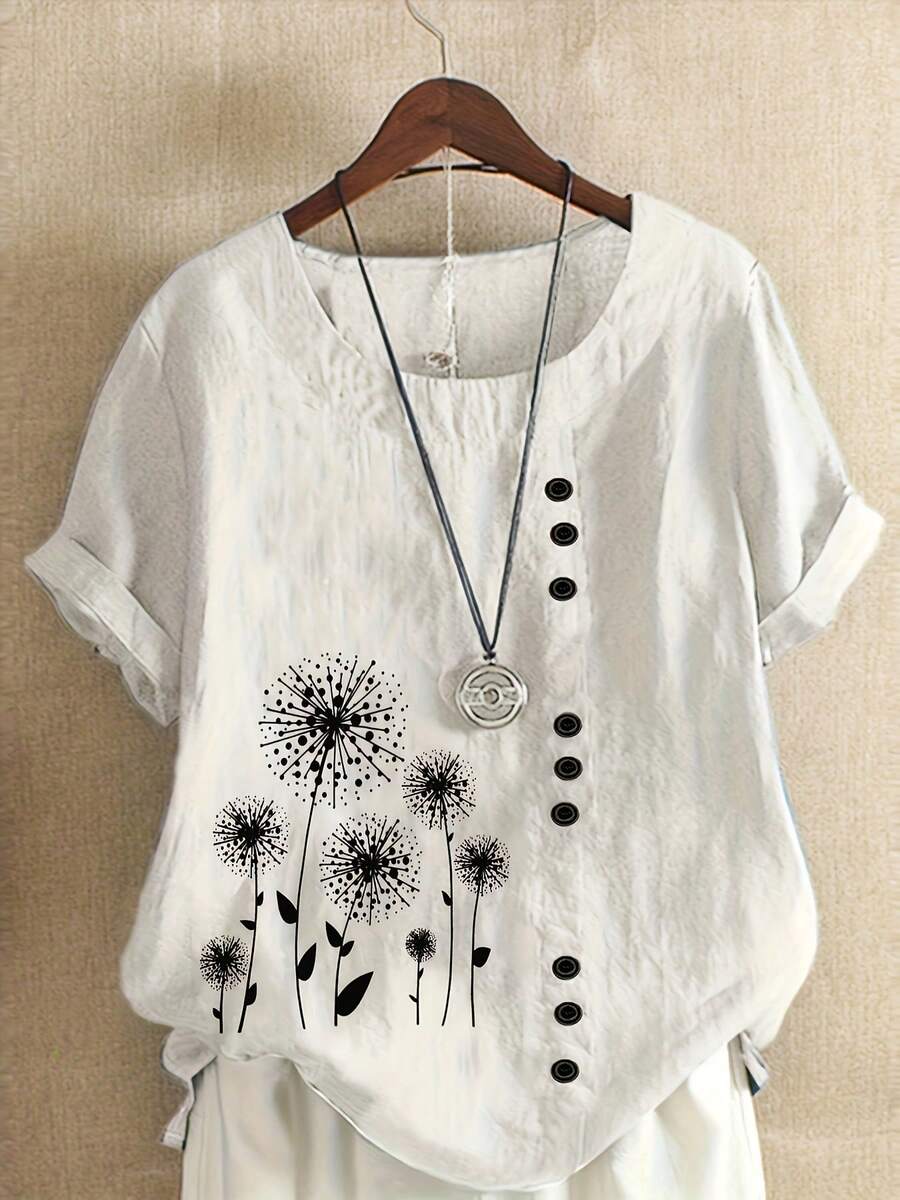 Plus Size, Summer Retro Floral Print Oversized Loose Short Sleeve Pullover Round Neck T-Shirt For Women - 深灰色 - 查看 1