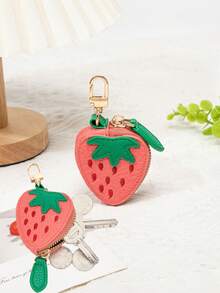 Cute Fruit Series PU Leather Mini Pouch Keychain Earphone Coin Bag - Strawberry Red - Multicolor - View 3
