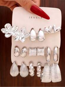 18pcs Asymmetrical Teardrop & Heart Shaped Smooth Earrings Set, European And American Style (No Card Packaging) - Multicolor - View 2