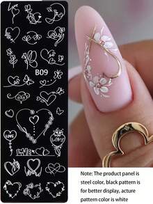 2pcs Heart Flower Nail Art Stamping Plate, Heart Love Letter Valentine's Day Design Y2K Style Printing Template Nail Art Accessories Tools, DIY Manicure Salon, Nail Supplies - Silver - View 4