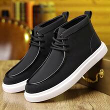 Men's Soft Solid Color Upper High Top Casual Shoes, Urban Street Style Lace Up Shoes, Preferred For Daily Wear - 黑色 - 查看 2