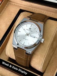 Pablo Raez 男士原创魅力腕表 时尚商务男士腕表 奢华不锈钢首饰 全新 AAA 级男士名表 复古渐变绿色超细纤维皮革表带 50米防水 简约日历星期显示 男士金属休闲石英表 毕业 婚礼 生日礼物 - 銀色 - 查看 6