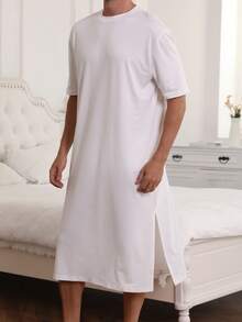 Pijama ligero de una sola pieza de manga corta y color bliso sólido para hombres, primavera/verano - Blanco - Ver 4