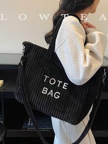 low tea Túi xách thời trang màu trơn bằng vải nhung kẻ, khóa kéo, thêu chữ, phù hợp cho nữ sử dụng hàng ngày - Túi xách nữ, túi denim, túi đeo vai, túi đeo chéo hoặc túi tote, phù hợp cho trường học, văn phòng, du lịch. - màu đen - Xem 6