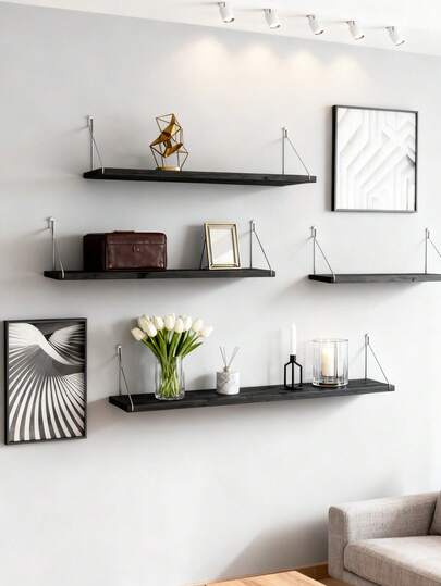 1 bucată de suport de depozitare pentru bucătărie suspendat pe perete, negru simplu, decorațiune de perete și raft de depozitare pentru sufragerie și dormitor, placă de depozitare montată pe perete de mare capacitate, raft de depozitare multi-scenarii pentru decorarea în sufragerie și dormitor, raft de depozitare montat pe perete