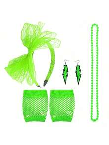 1/6件套80年代霓虹色性感短款渔网手套、耳环、项链、蕾丝发带，趣味角色扮演派对服装，化妆舞会配饰，复古休闲 - 多色 - 查看 16