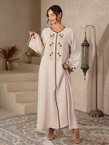 1 Piece Women's Muslim Floral Embroidery Kaftan Abaya Dress Modest Caftan Arabic Long Dress Spring - Apricot - View 5
