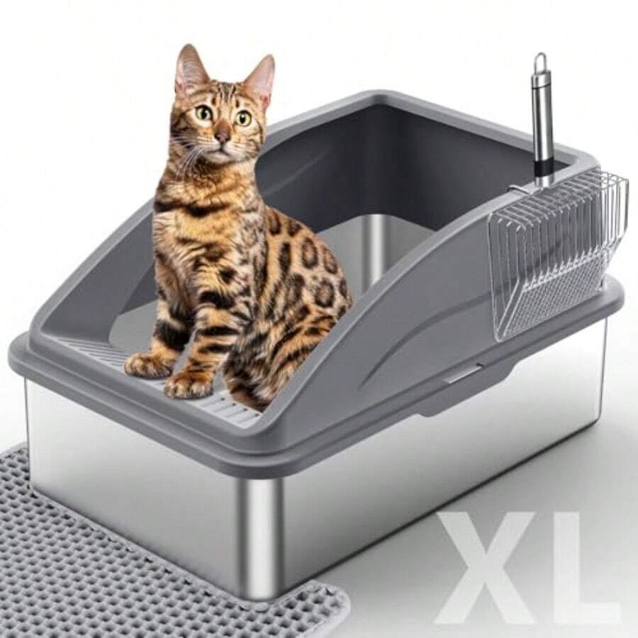 Caja de arena para gatos de acero inoxidable con tapa caja de arena de metal extragrande XL para gatos grandes caja de arena de gatito de alta cara antifugas de orina antiadherente incluye - Gris - Ver 1