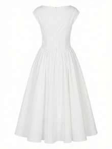 女士休闲优雅复古浪漫长款泡泡袖连衣裙，复古收腰连衣裙，适合婚礼、约会、外出，浪漫可爱，法式白色收腰连衣裙，夏季款 - 白色 - 查看 6