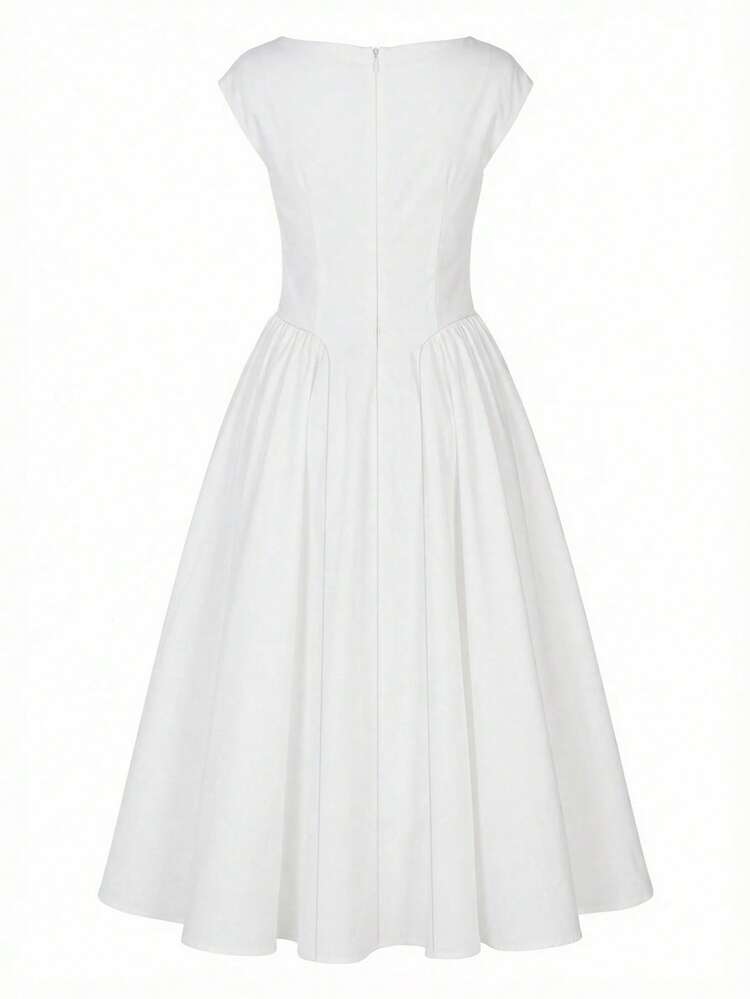 Women's Casual Elegant Vintage Romantic Long Puff Dress, Retro Waist Cinched Dress, Suitable For Wedding, Date, Outing, Romantic, Cute, French Style White Waist Cinched Dress Summer - White - View 6