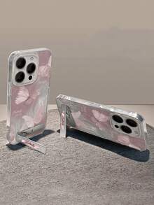 1个银色羽毛粉色蝴蝶手机壳，带3D金属支架，兼容 11/12/13/14/15/16/17/Pro Max