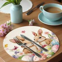 2/4/6pcs Happy Spring Easter 2 Brown Bunny Egg Element Placemats, Easter Eggs & Flowers Seasonal Dining Table Decor, Spring Holiday Placemats Suitable For Home Party, Kitchen Decoration