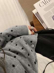 Women Polka Dot Random Print Button Front Cardigan Sweater, Casual Autumn/Winter Tops Vacation - Grey - View 7